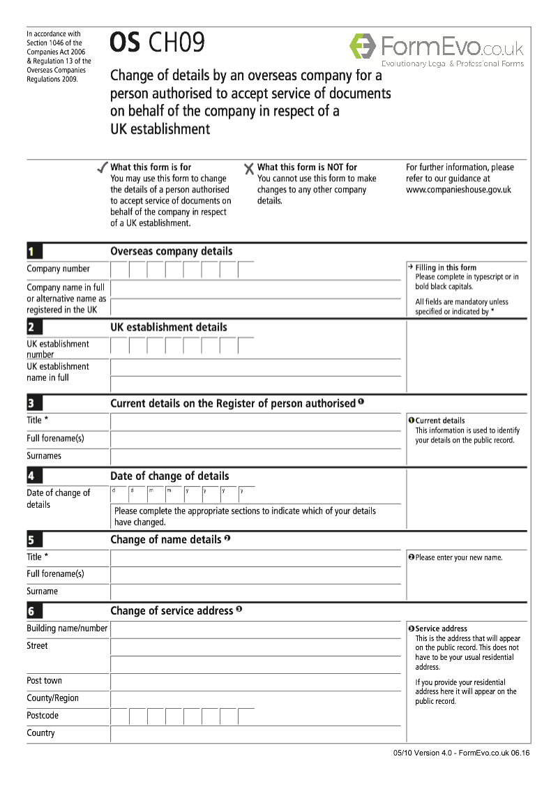 OS CH09 Change of details by an overseas company for a person authorised to accept service of documents on behalf of the company in respect of a UK establishment Section 1046 preview