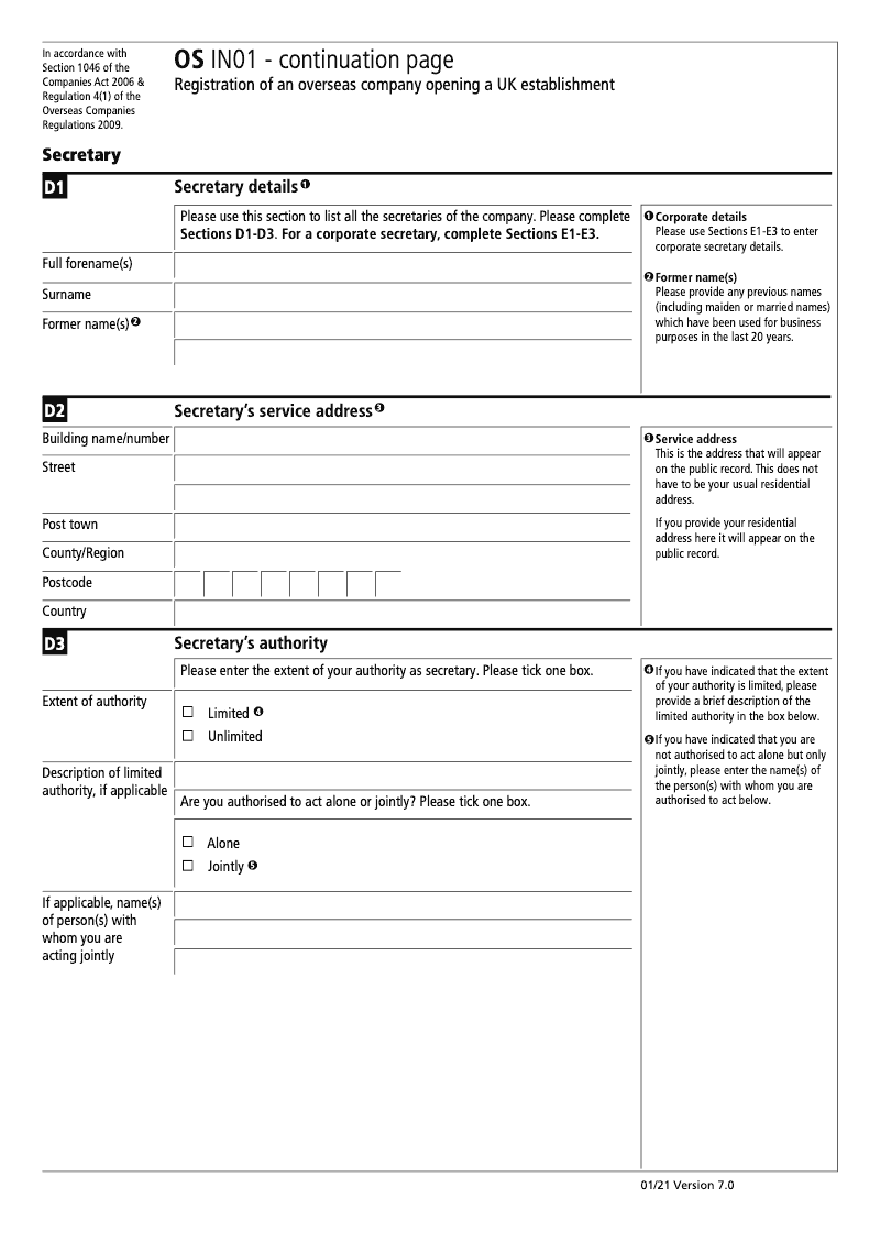 OS IN01 Continuation Page 1 Registration of an Overseas Company Opening a UK Establishment Secretary preview