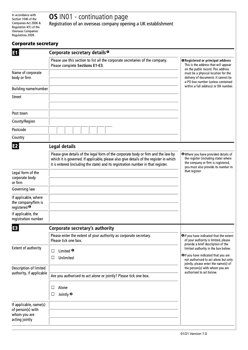 OS IN01 Continuation Page 2 Registration of an Overseas Company Opening a UK Establishment Corporate Secretary preview