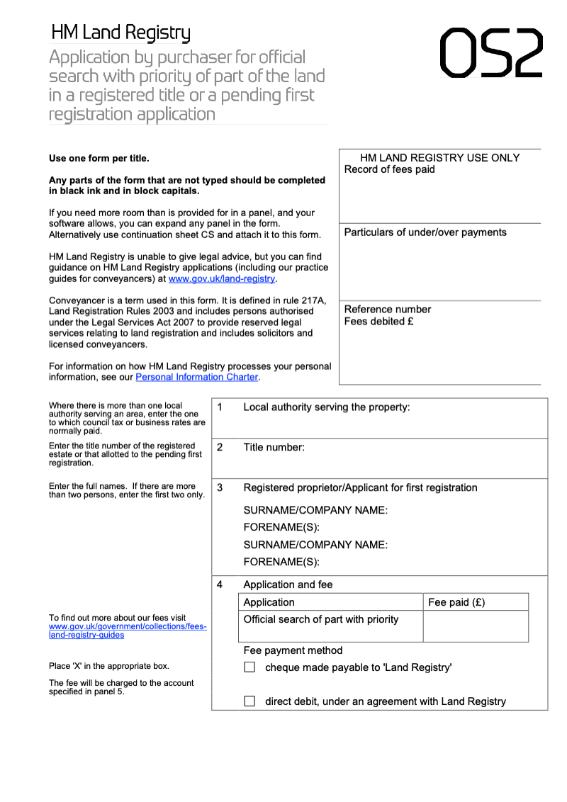 OS2X Application by purchaser for official search with priority of part of the land in a registered title or a pending first registration application Word Version preview