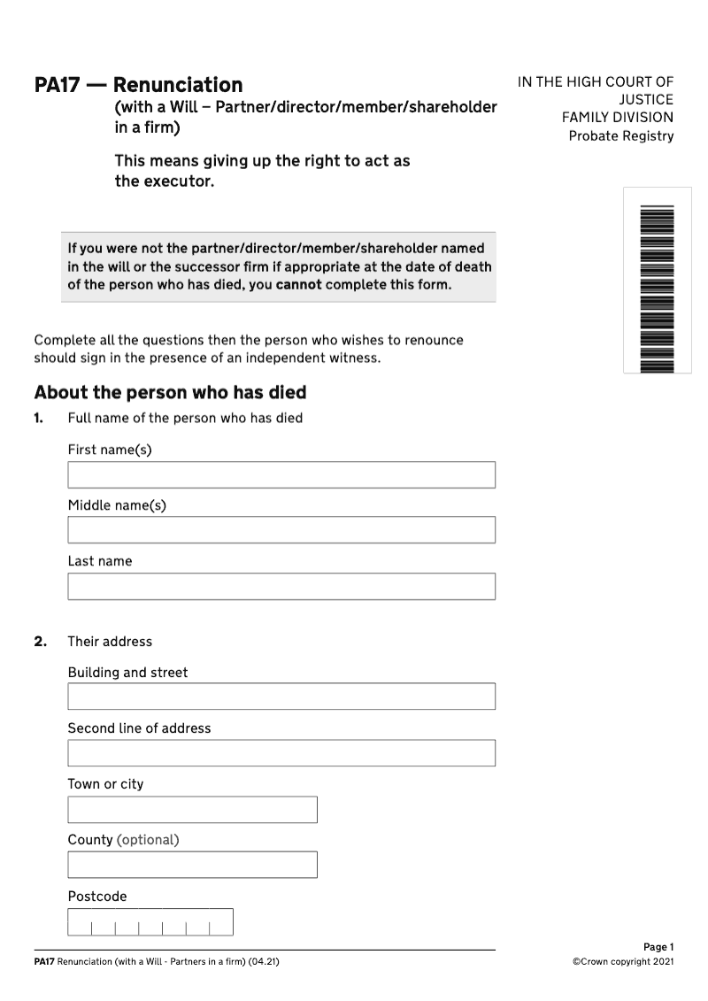 PA17 Renunciation with a Will Partner director member shareholder in a firm preview