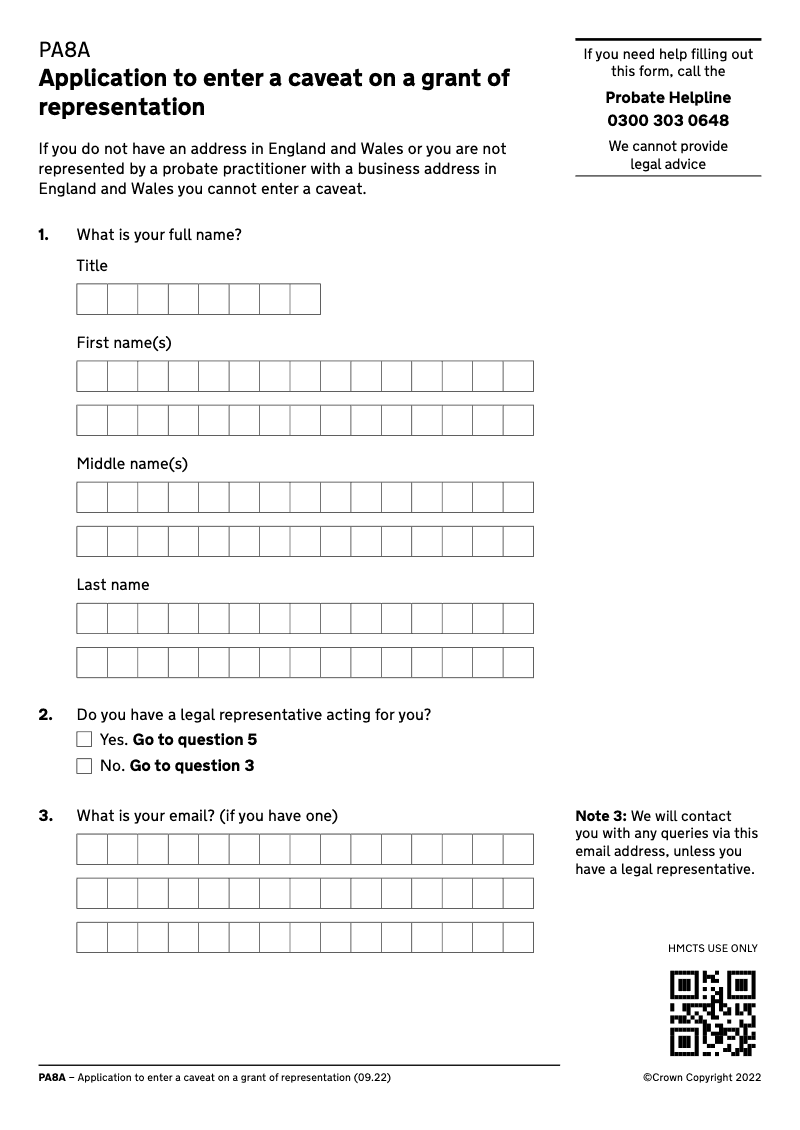 PA8A Caveat application form preview