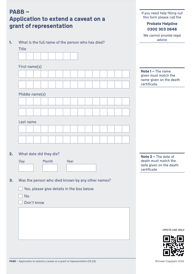 PA8B Application to extend a caveat on a grant of representation preview