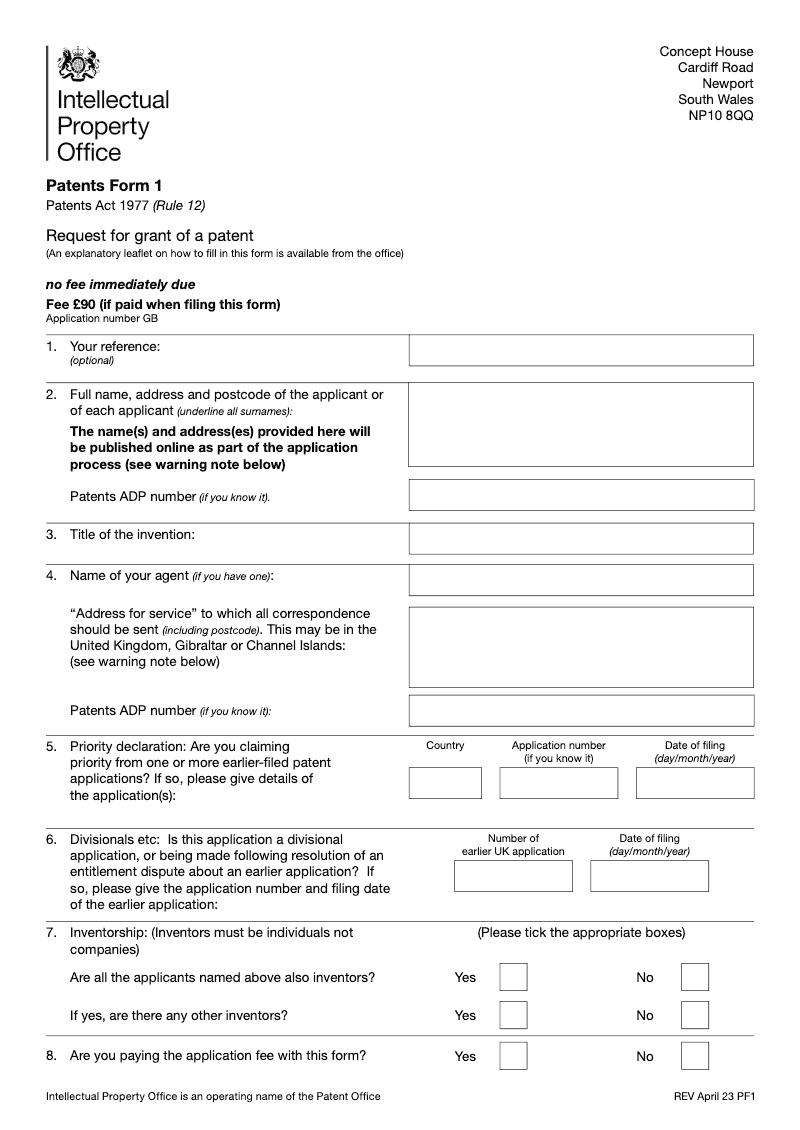 Patents Form 1 Request for grant of a patent Patents Act 1977 rule 12 preview