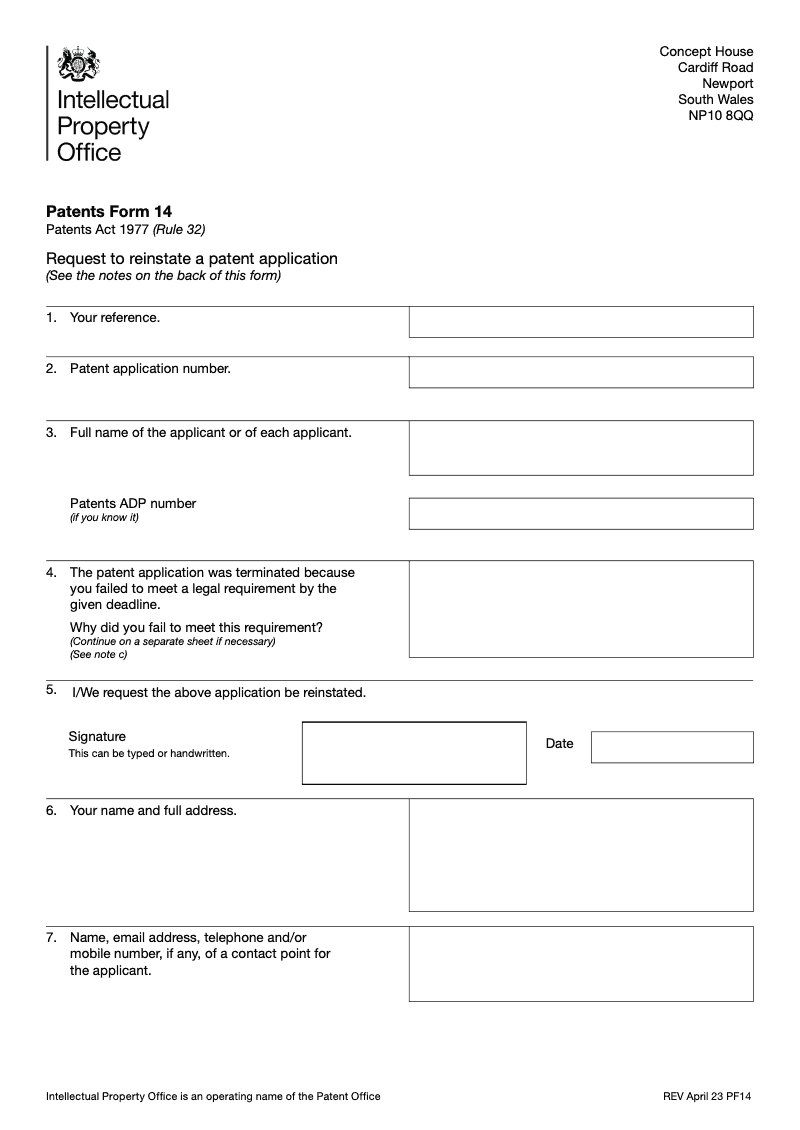 Patents Form 14 Request to reinstate a patent application Patents Act 1977 Rule 32 preview