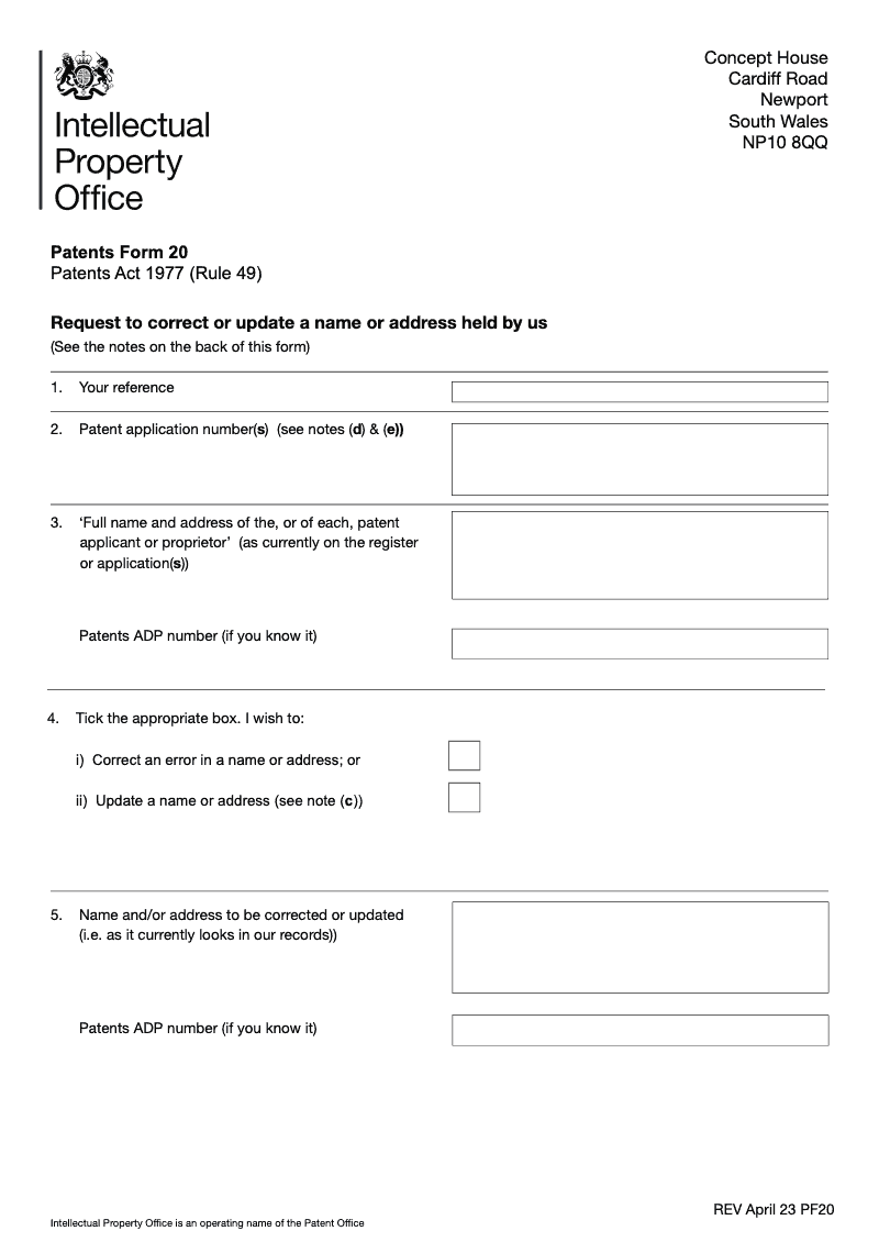 Patents Form 20 Request to correct a name or address Patents Act 1977 Rule 49 preview