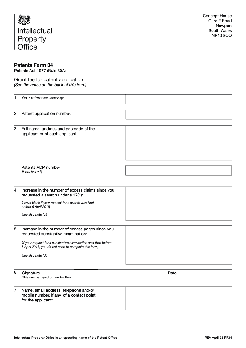 Patents Form 34 Grant fee for patent application Patents Act 1977 Rule 30A preview