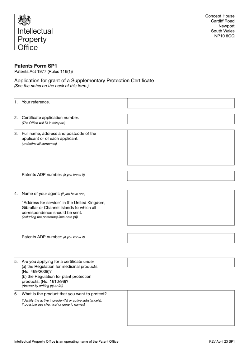 Patents Form SP1 Application for grant of Supplementary Protection Certificate Patents Act 1977 Rule 116 1 preview