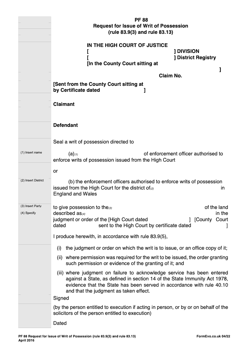 PF88 Request for Issue of Writ of Possession preview