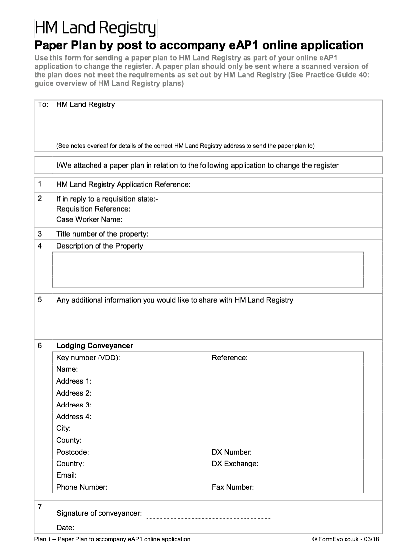 Plan 1 Paper plan sent by post or DX to HM Land Registry to accompany an online application to change the register eAP1 online submissions only preview