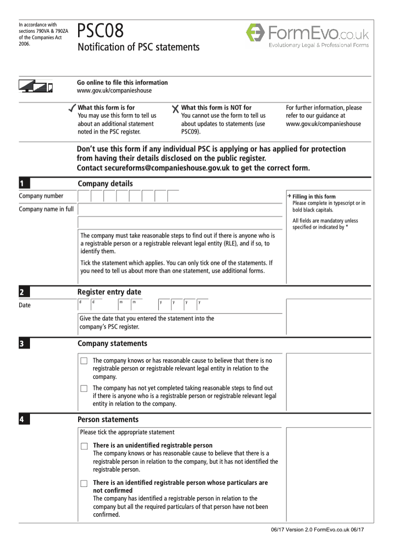 PSC08 Notification of PSC statements Section 790M and 790ZA of the Companies Act 2006 preview