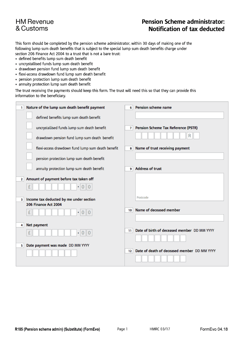 R185 Pension scheme admin Pension Scheme administrator Notification of tax deducted preview