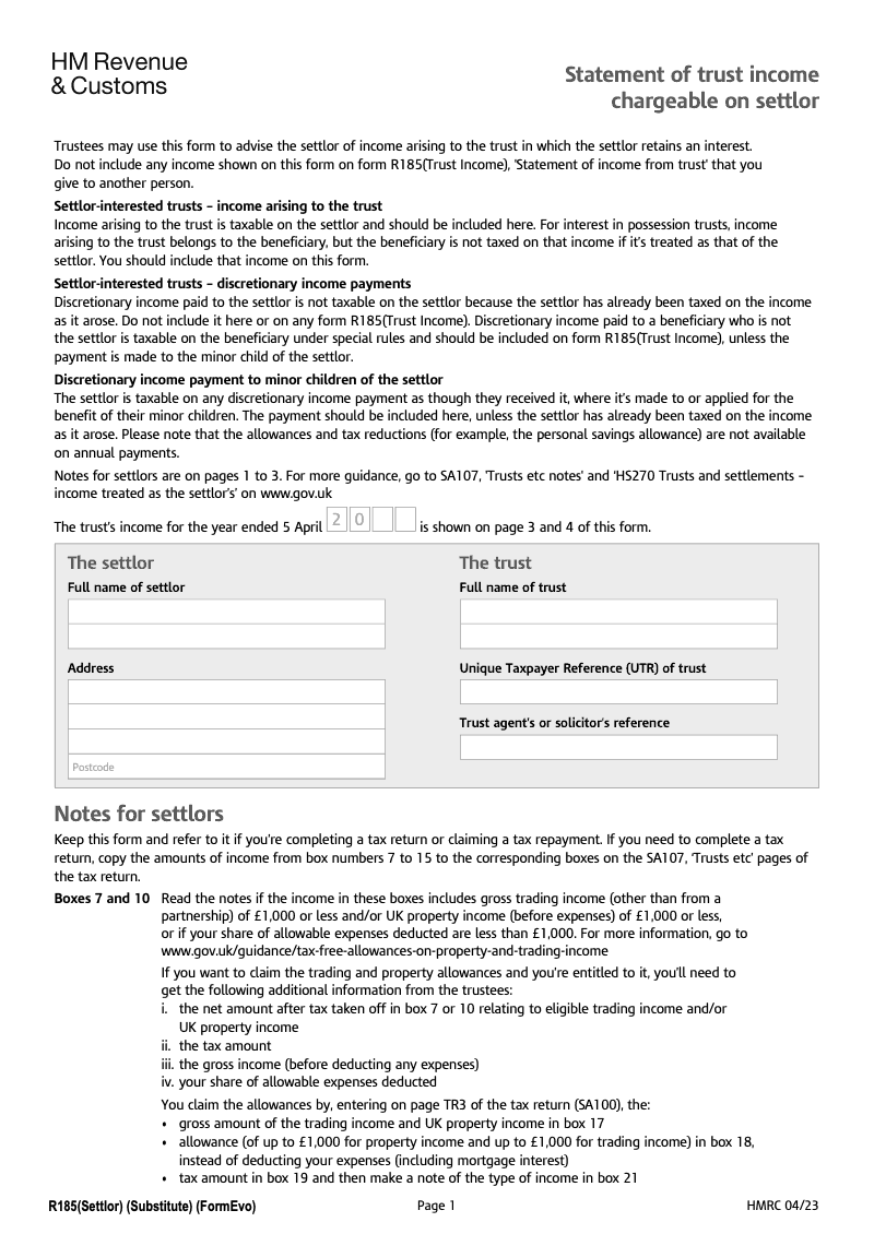 R185 Settlor Statement of trust income chargeable on settlor preview