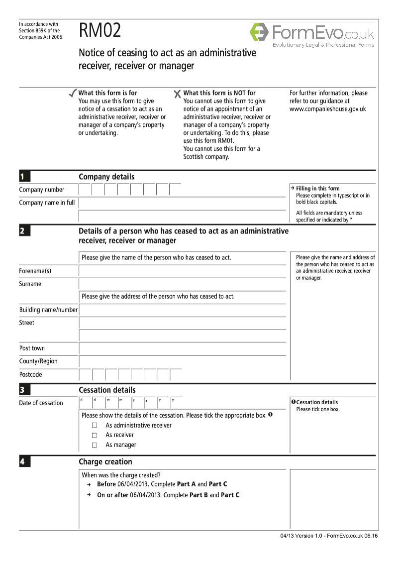 RM02 Notice of ceasing to act as an administrative receiver receiver or manager Section 859K preview