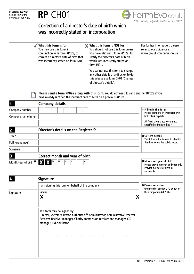 RP CH01 Correction of a director s date of birth which was incorrectly stated on incorporation Section 167 preview