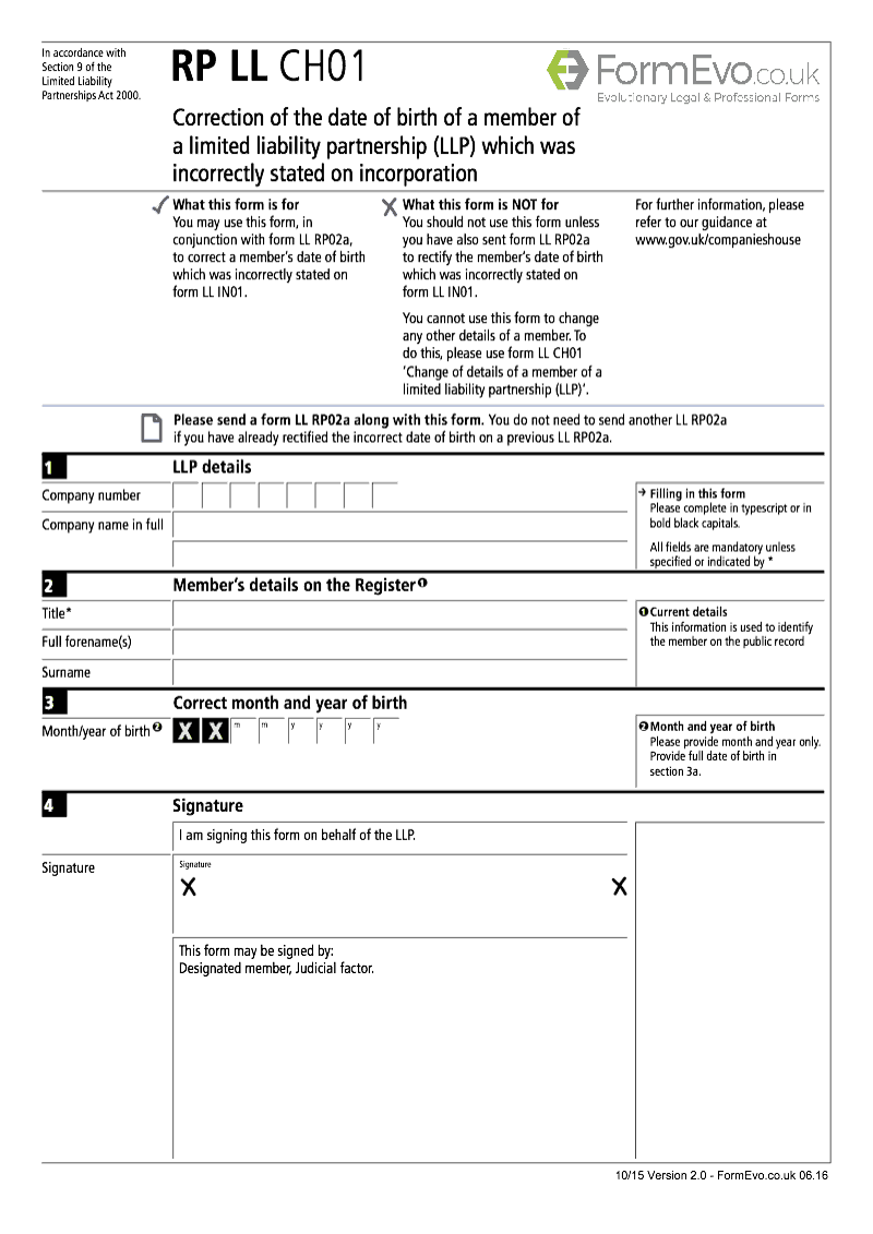 RP LL CH01 Correction of the date of birth of a member of a limited liability partnership LLP which was incorrectly stated on incorporation Section 9 preview