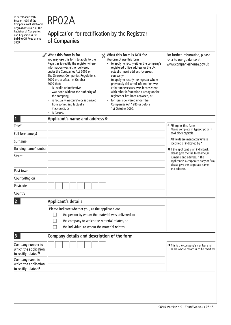 RP02A Application for rectification by the Registrar of Companies Section 1095 preview