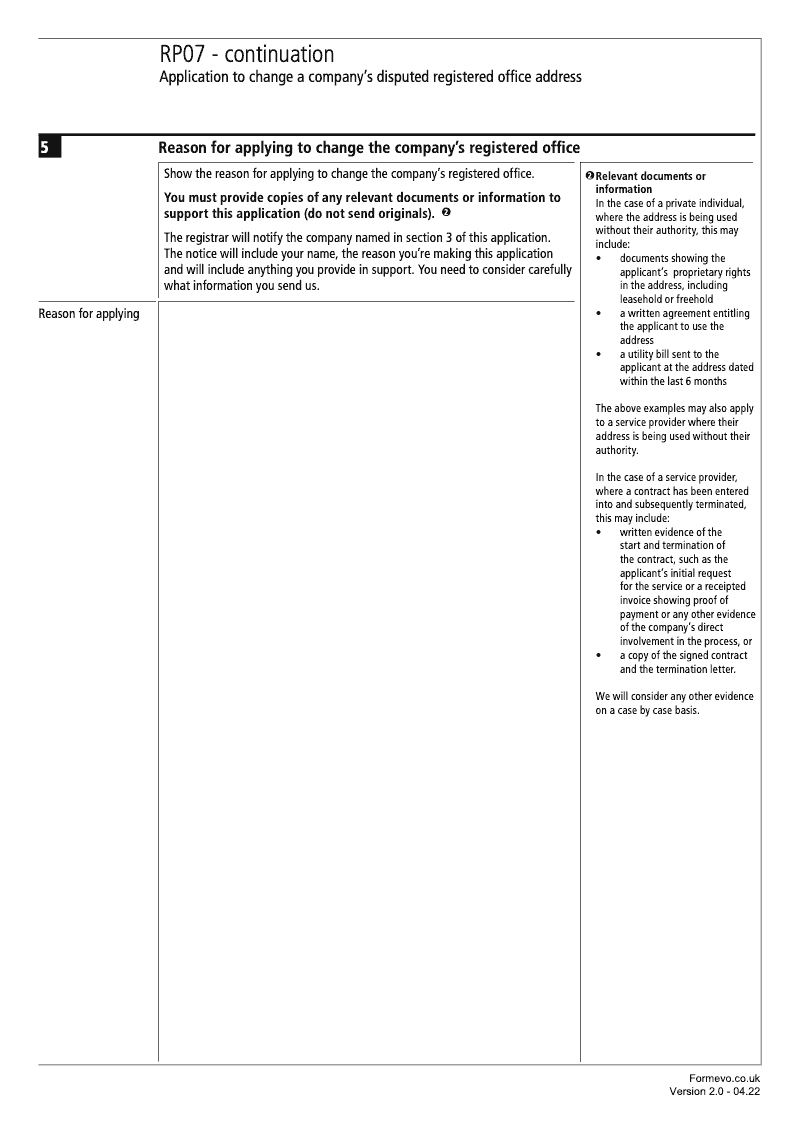 RP07 Continuation Page Reasons for applying continuation page RP07 Application to change a company s disputed registered office address preview