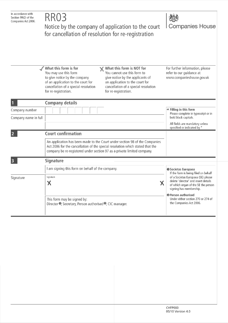 RR03 Notice by the company of application to the court for cancellation of resolution for re registration Section 99 2 preview