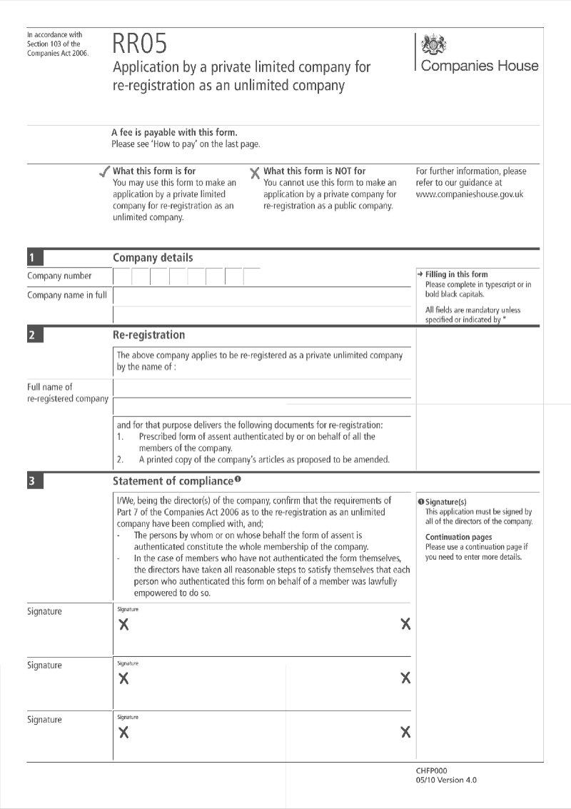 RR05 Application by a private limited company for re registration as an unlimited company Section 103 preview