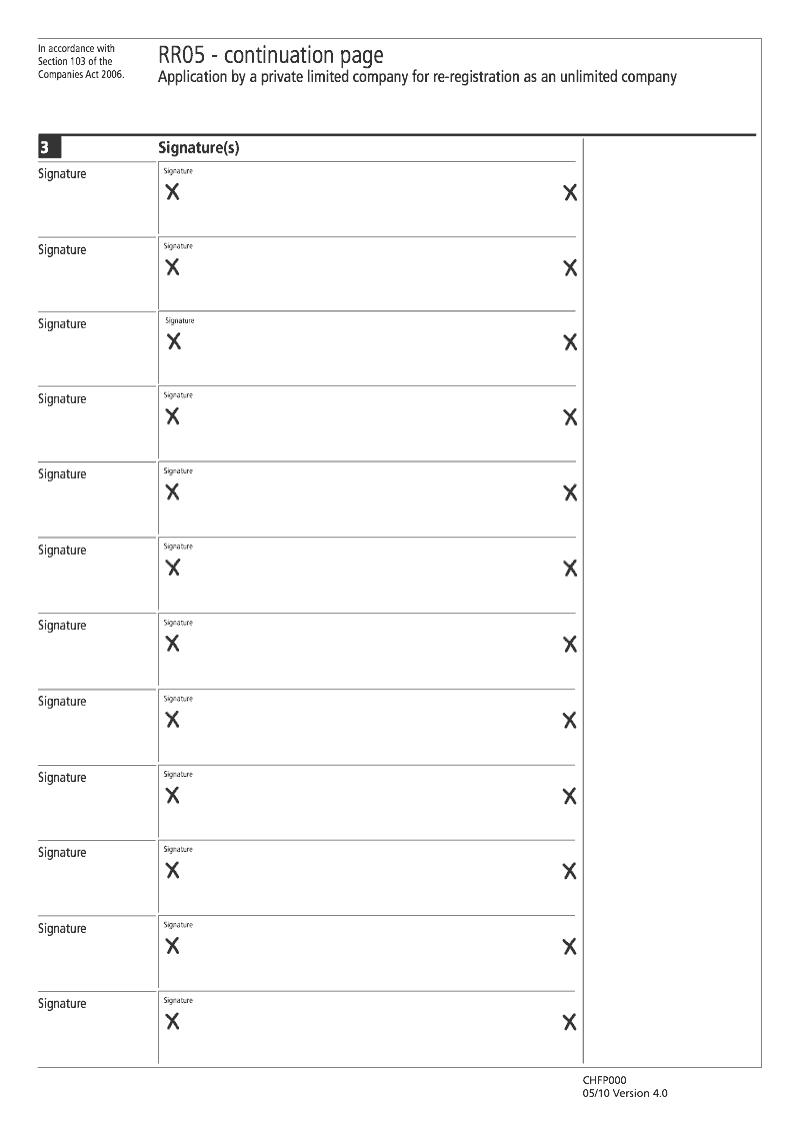 RR05 Continuation Page Signature s continuation page RR05 Application by a private limited company for re registration as an unlimited company Section 103 preview