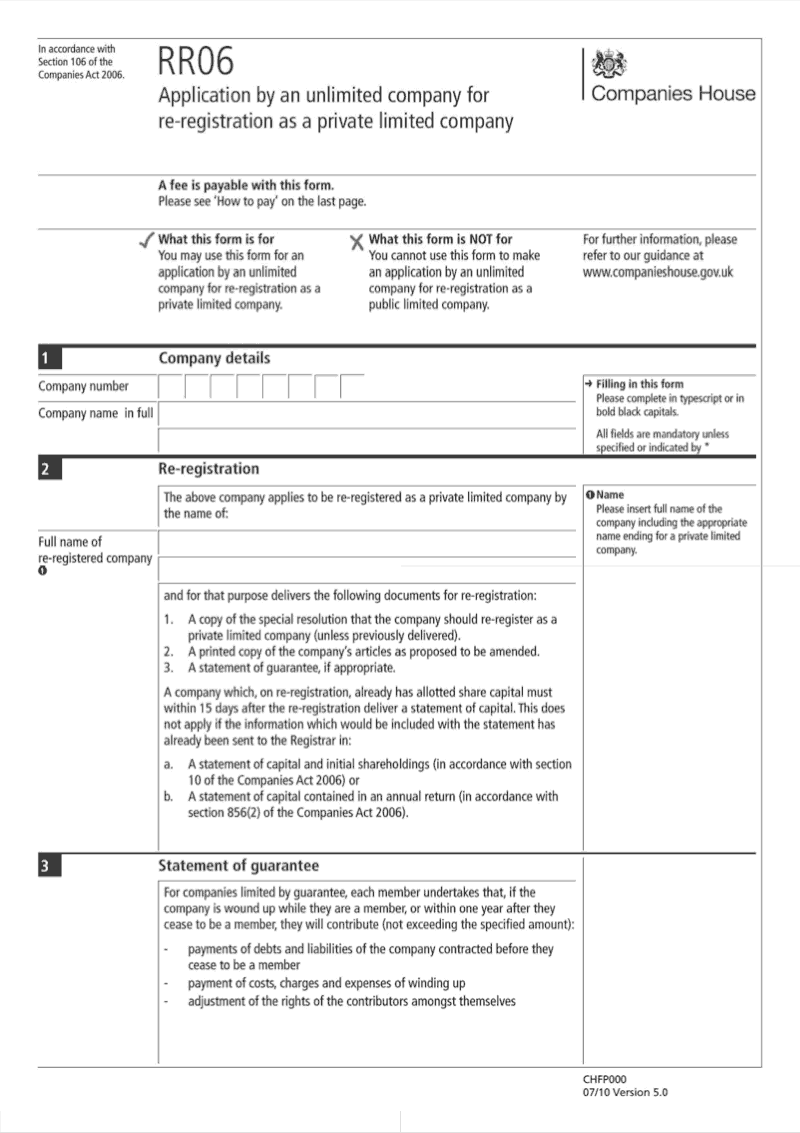 RR06 Application by an unlimited company for re registration as a private limited company Section 106 preview