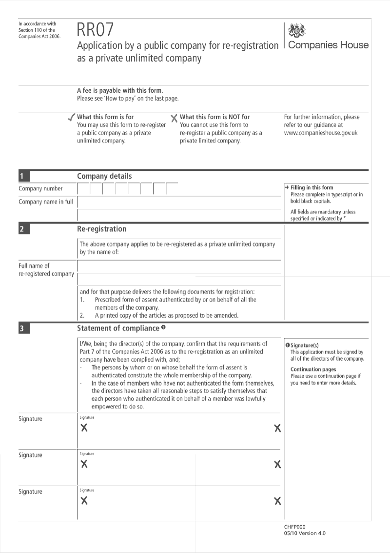 RR07 Application by a public company for re registration as a private unlimited company Section 110 preview