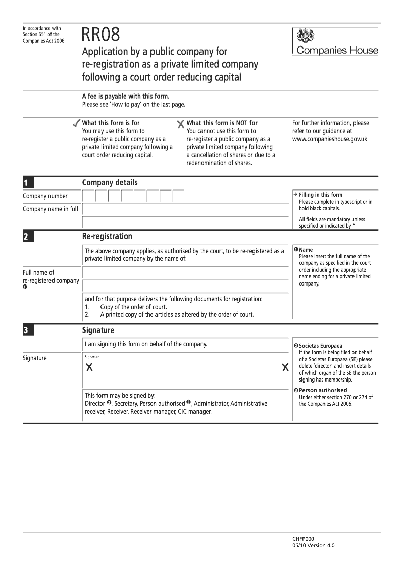 RR08 Application by a public company for re registration as a private limited company following a court order reducing capital Section 651 preview