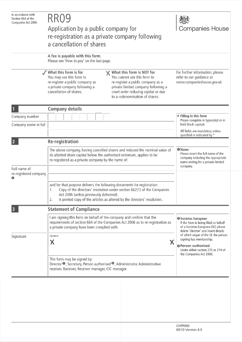 RR09 Application by a public company for re registration as a private company following a cancellation of shares Section 664 preview