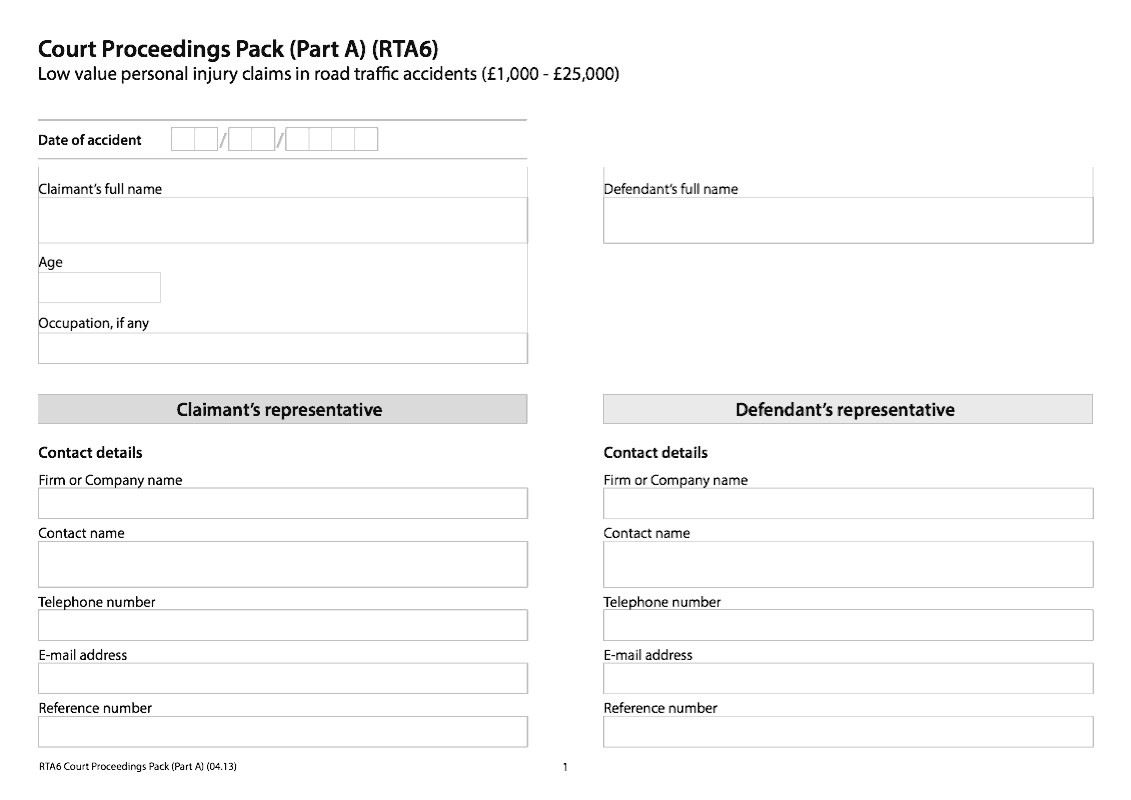 RTA6 RTA7 Court Proceedings Pack Part A RTA6 and Part B RTA7 Low value personal injury claims in road traffic accidents preview