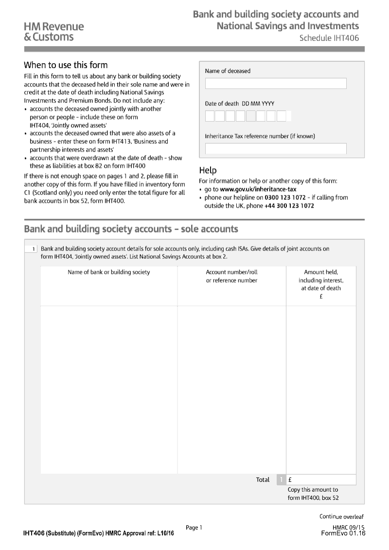 SA IHT406 Bank and building society accounts and National Savings Investments Schedule IHT406 Standalone version preview