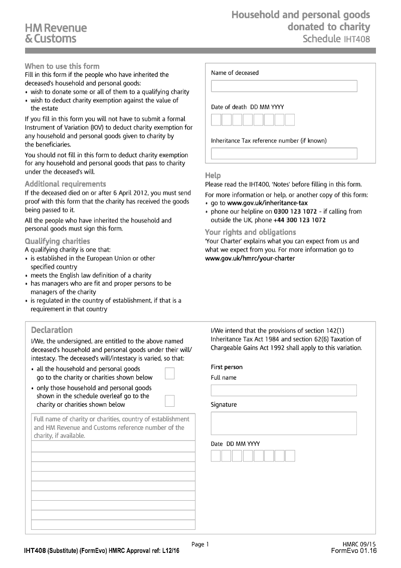 SA IHT408 Household and personal goods donated to charity Schedule IHT408 Standalone version preview