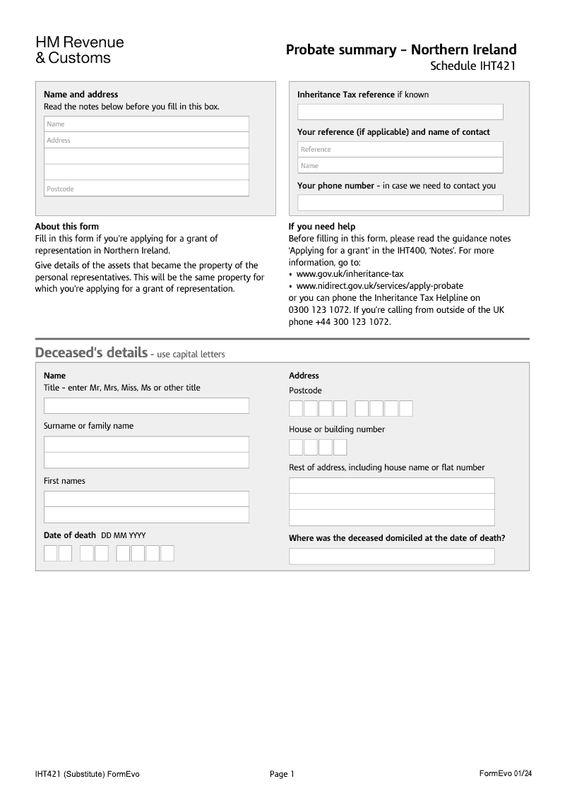 SA IHT421 Probate summary Schedule IHT421 Standalone version preview