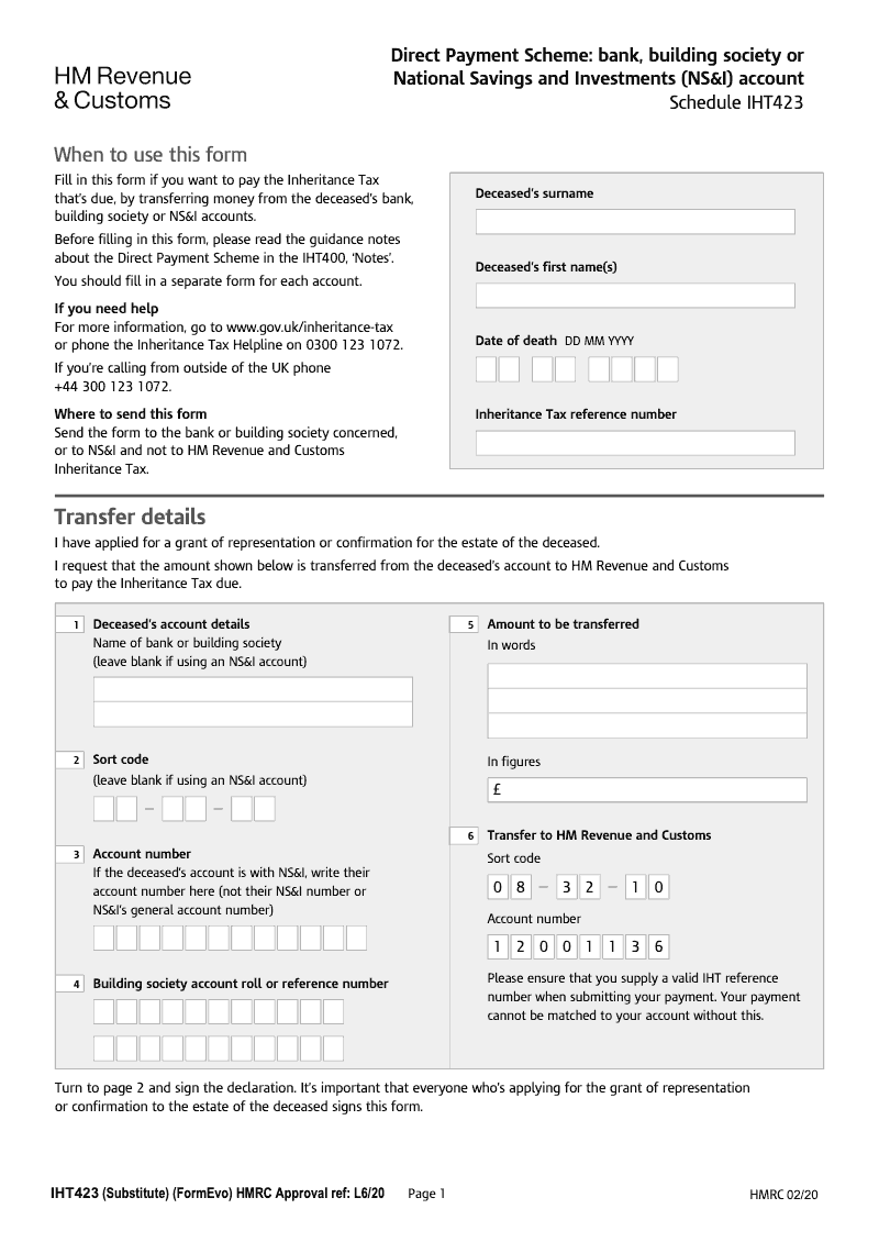 SA IHT423 Direct Payment Scheme Bank Building Society or National Savings and Investments NS I account Schedule IHT423 Standalone version preview