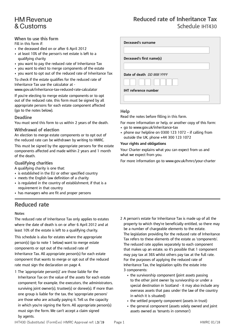 SA IHT430 Reduced rate of Inheritance Tax Schedule IHT430 Standalone version Standalone version preview