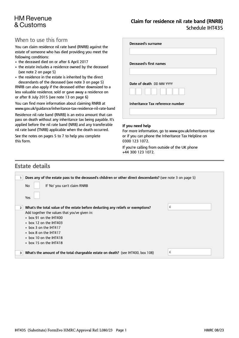 SA IHT435 Claim for residence nil rate band RNRB Schedule IHT435 Standalone version preview