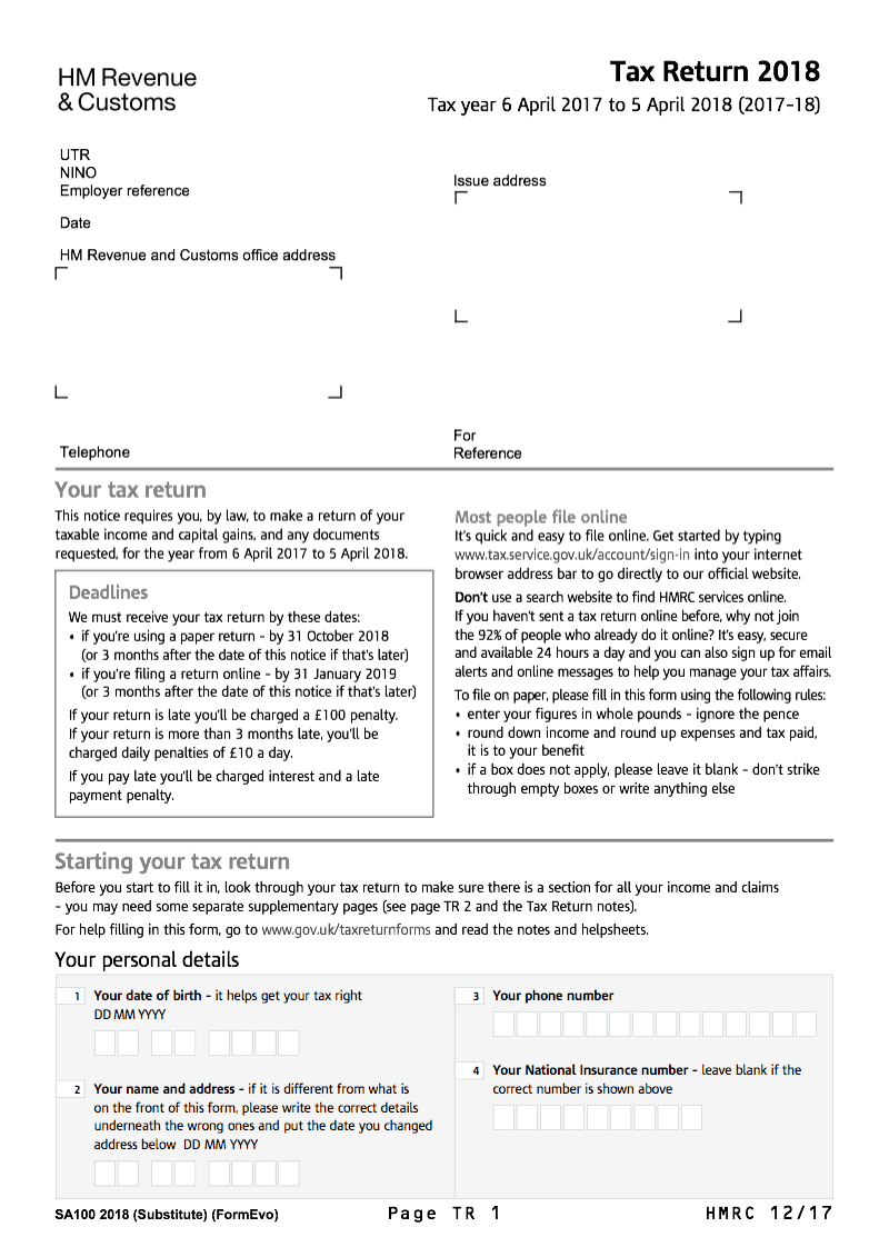 SA100 2018 Tax Return 2018 for year ended 5 April 2018 2017 18 preview