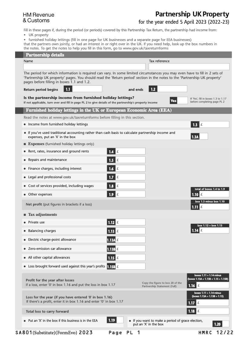 SA801 2023 Partnership UK Property for the year ended 5 April 2023 2022 23 preview