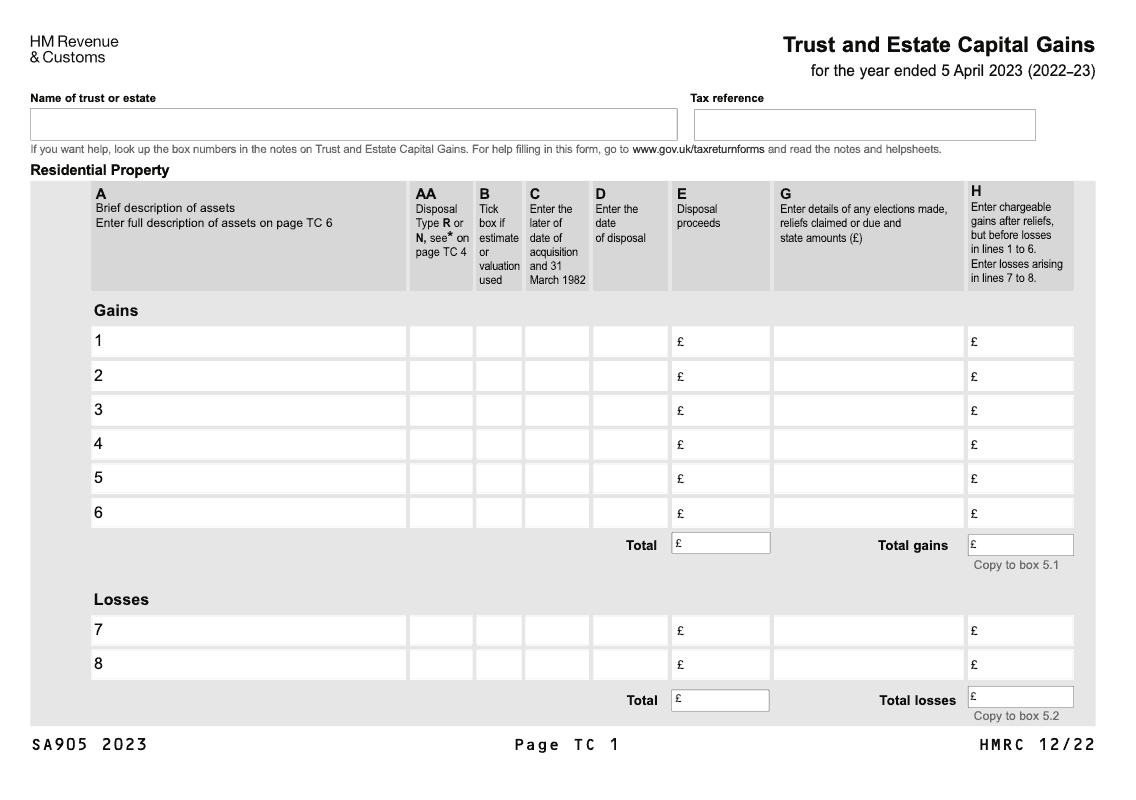 SA905 2023 Trust and Estate Capital Gains for year ended 5 April 2023 2022 23 preview