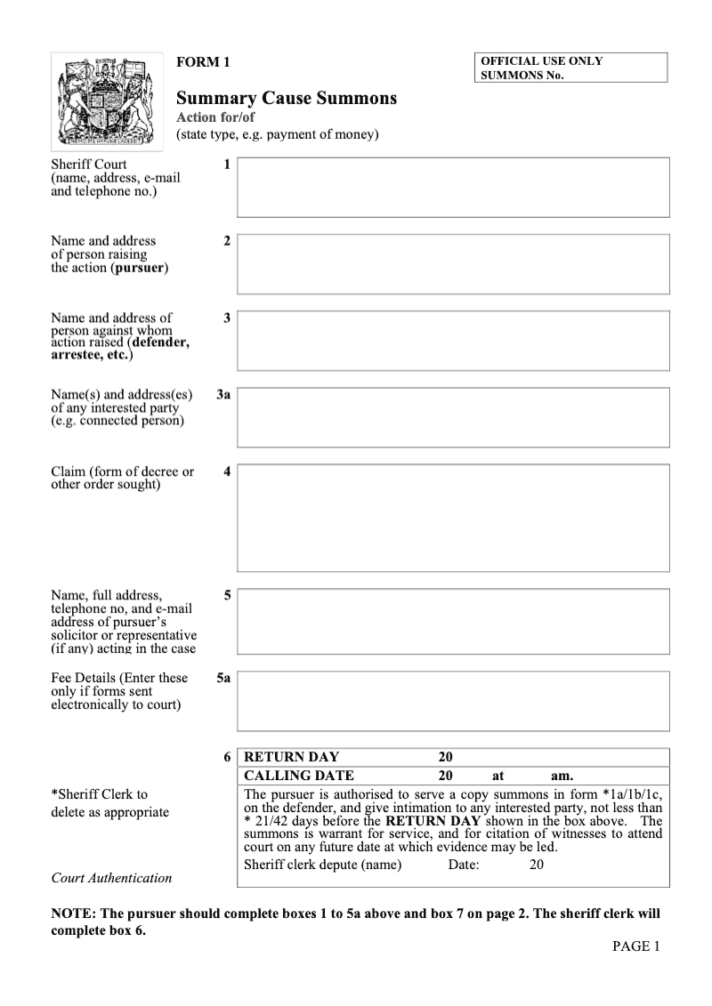 SC1 Summary Cause Summons Form 1 preview