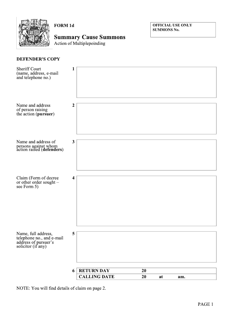 SC1d Summary Cause Summons Action of Multiplepoinding preview