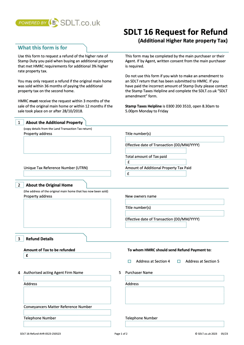 SDLT 16 Refund Request for Refund SDLT 16 Stamp Duty Land Tax Additional Property Higher Rate Tax preview