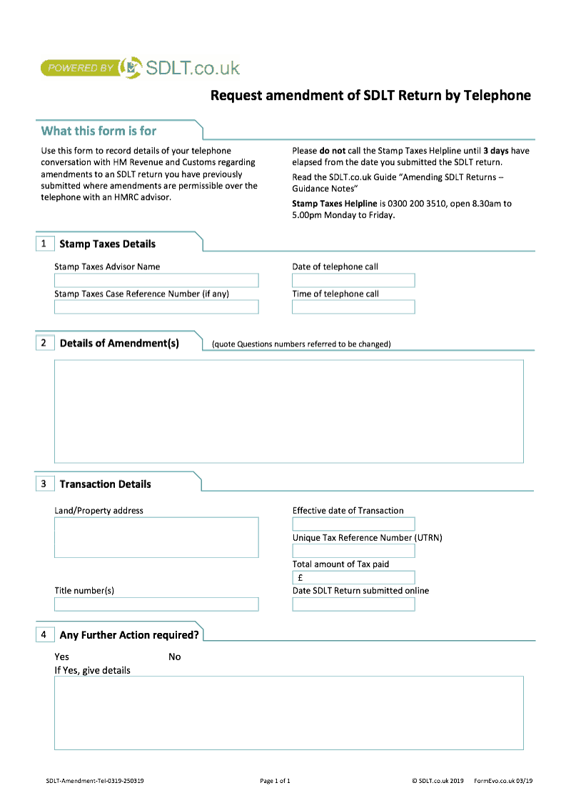 SDLT Amendment 2 Request for Amendments to Stamp Duty Land Tax return Telephone request preview
