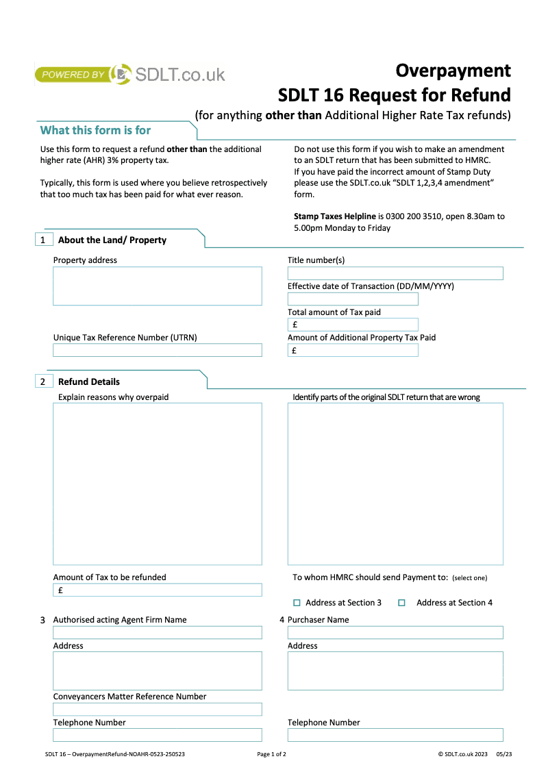 SDLT Overpayment Request for refund following over payment of Stamp Duty paid on a submitted SDLT return Stamp Duty Land Tax preview
