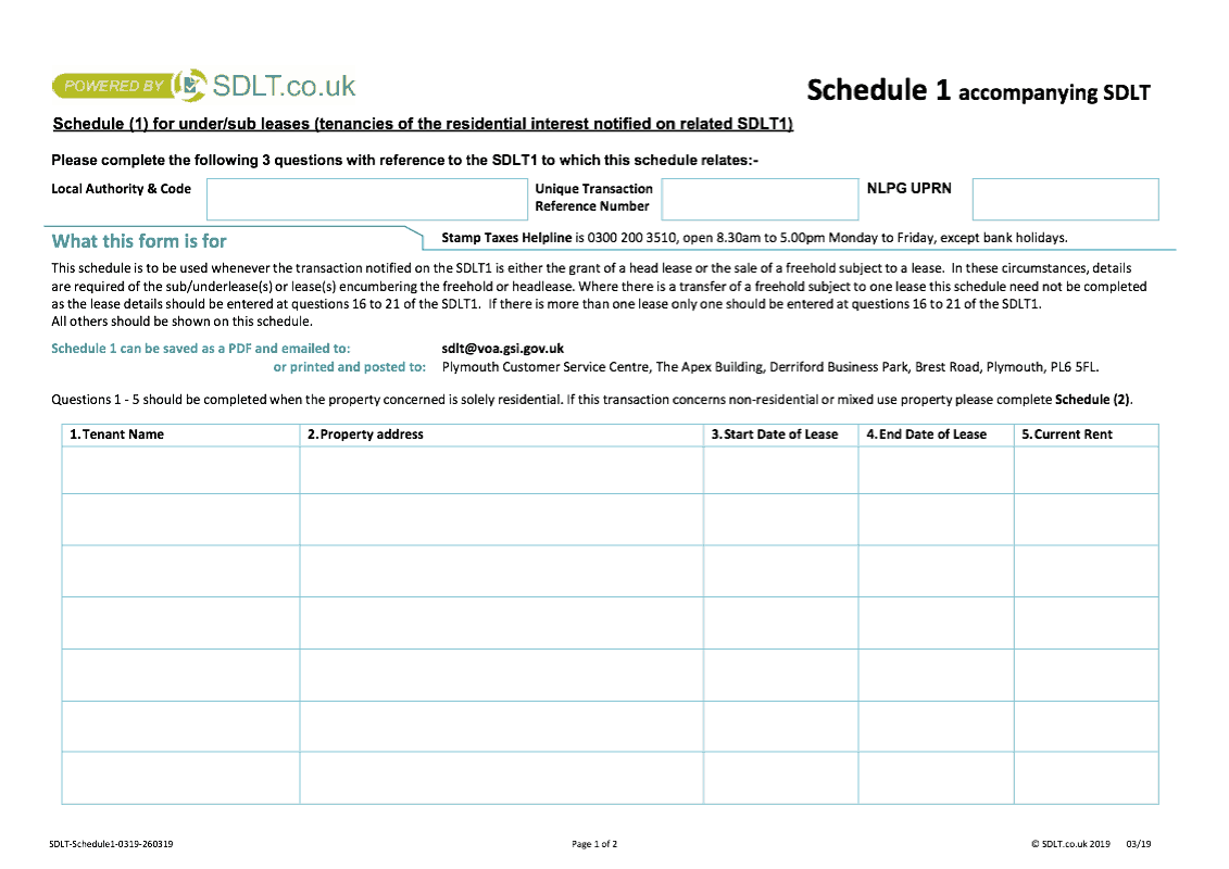 SDLT Schedule 1 Schedule 1 for under sub leases tenancies of the residential interest notified on related SDLT1 preview