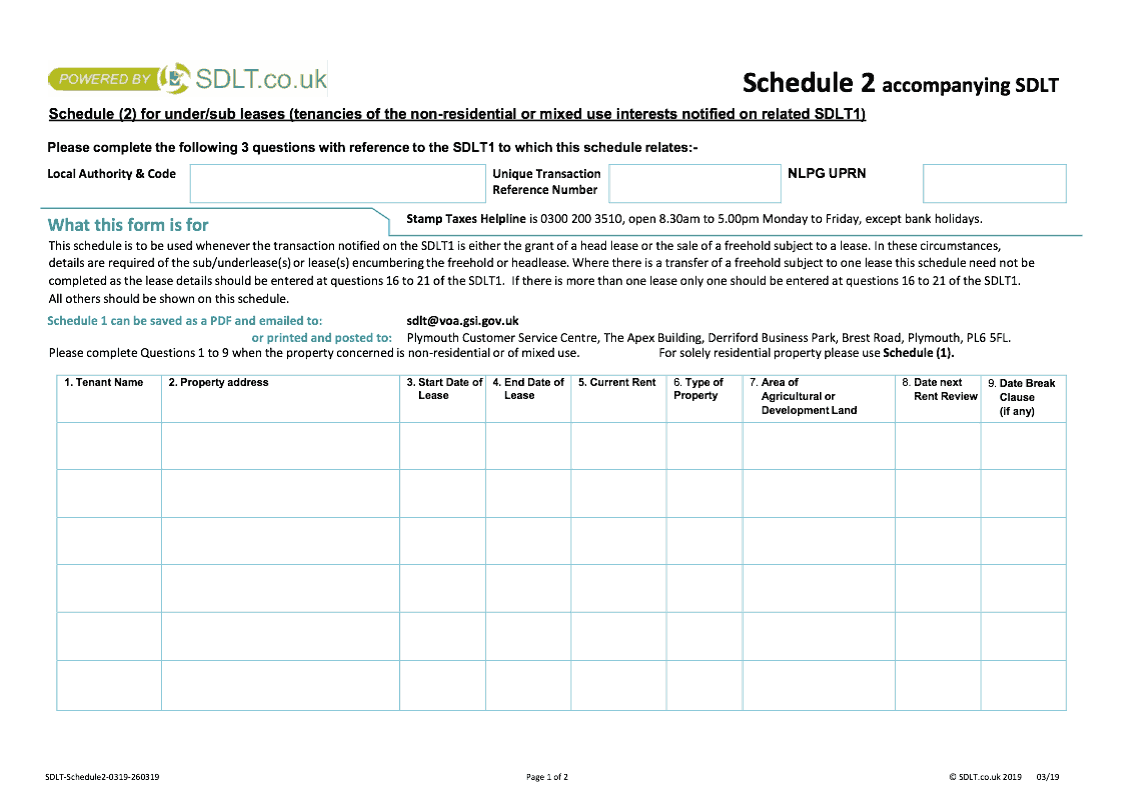 SDLT Schedule 2 Schedule 2 for under sub leases tenancies of the non residential or mixed use interests notified on related SDLT1 preview