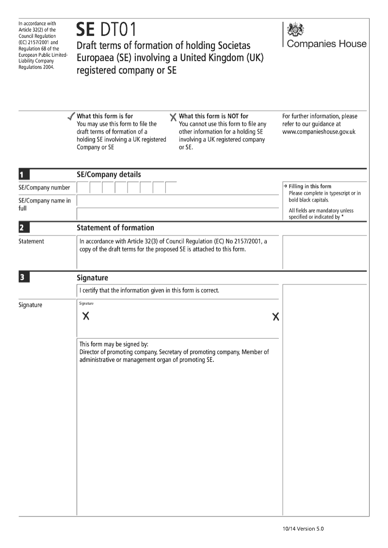 SE DT01 Draft terms of formation of holding Societas Europaea SE involving a United Kingdom UK registered company or SE Regulation 68 2 a preview