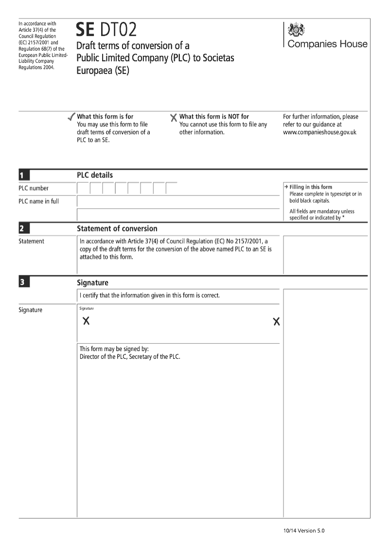 SE DT02 Draft terms of conversion of a Public Limited Company PLC to Societas Europaea SE Regulation 68 3 a preview