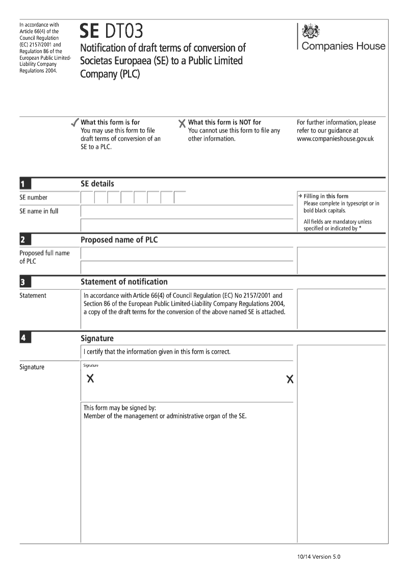 SE DT03 Notification of draft terms of conversion of Societas Europaea SE to a Public Limited Company PLC Regulation 86 preview