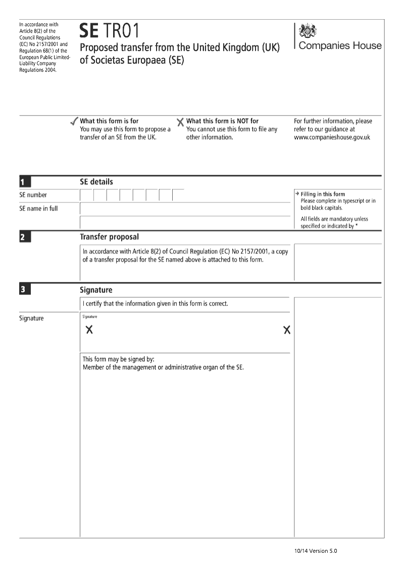 SE TR01 Proposed transfer from the United Kingdom UK of Societas Europaea SE Regulation 68 1 a preview